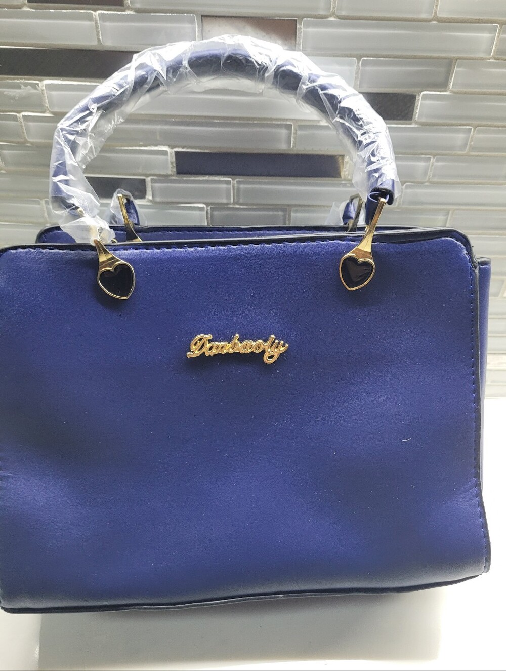 Deep Blue Faux Leather Purse With Handels or Shoulder Strap